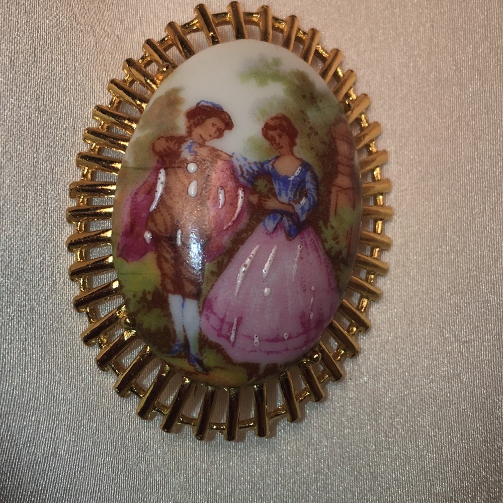 Lovely French-made Porcelain Brooch.  Hand painted